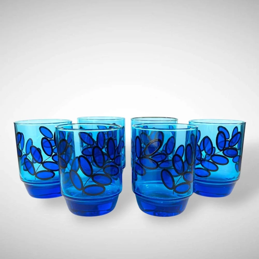Set of 6 Electric Blue Glass Tumblers Abstract Leaf‎ Design Vintage Barware